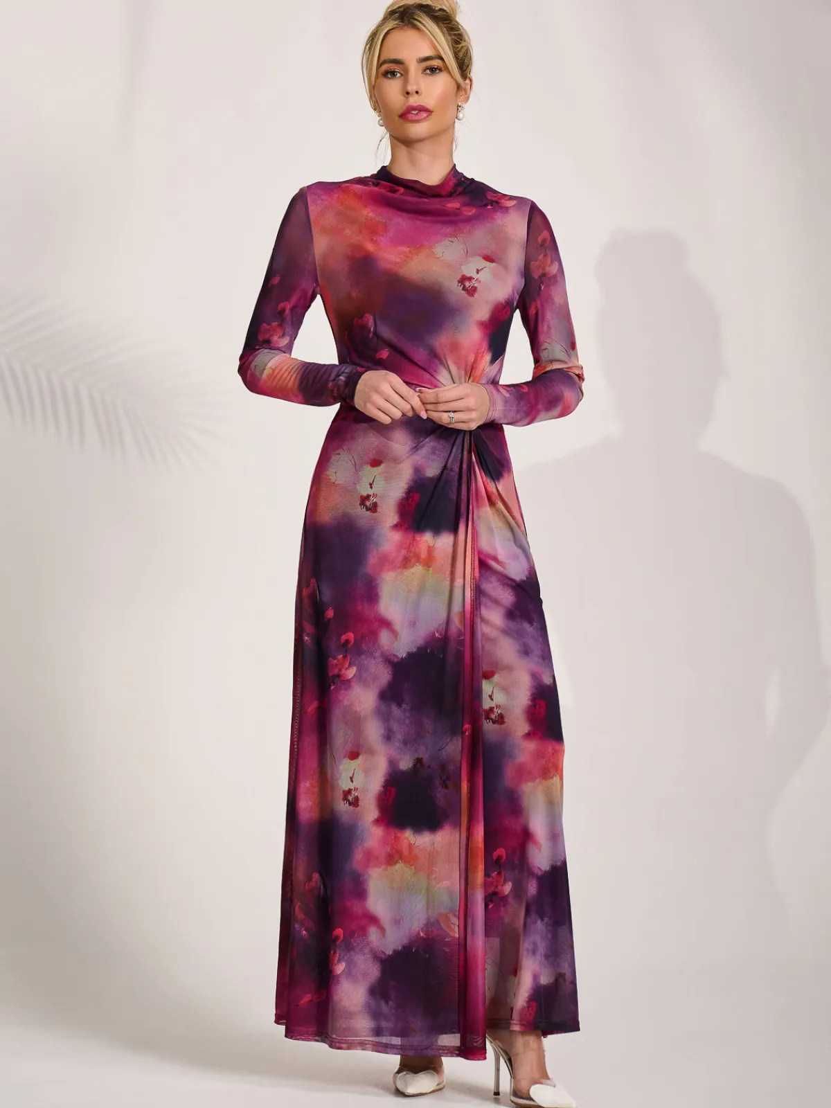 Jolie Moi Occasion Dresses|Mesh Dresses-High Neck Long Sleeve Mesh Maxi Dress, Pink Abstract
