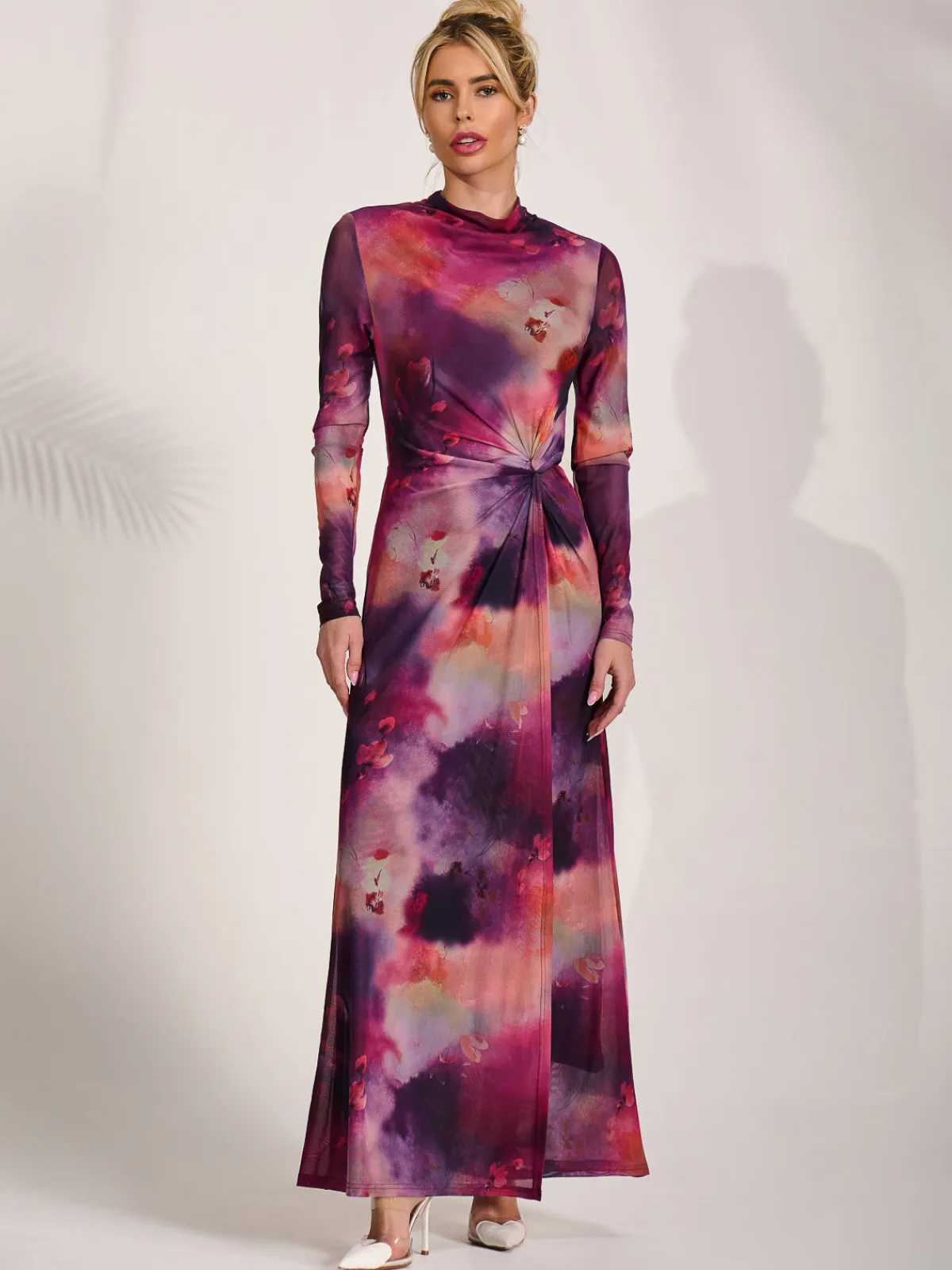 Jolie Moi Occasion Dresses|Mesh Dresses-High Neck Long Sleeve Mesh Maxi Dress, Pink Abstract