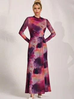 Jolie Moi Occasion Dresses|Mesh Dresses-High Neck Long Sleeve Mesh Maxi Dress, Pink Abstract
