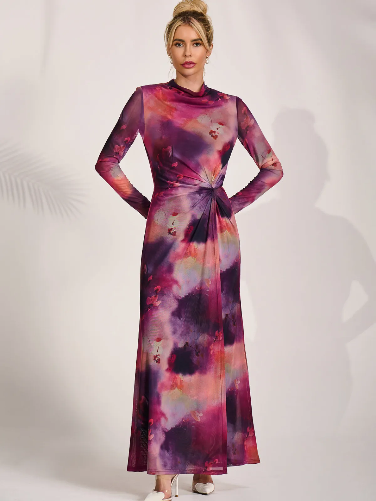 Jolie Moi Occasion Dresses|Mesh Dresses-High Neck Long Sleeve Mesh Maxi Dress, Pink Abstract