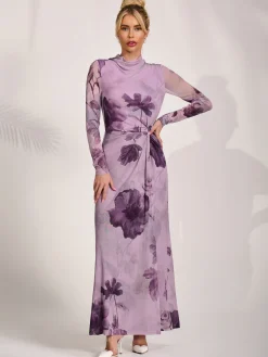Jolie Moi Occasion Dresses|Floral Dresses-High Neck Long Sleeve Mesh Maxi Dress, Purple Floral