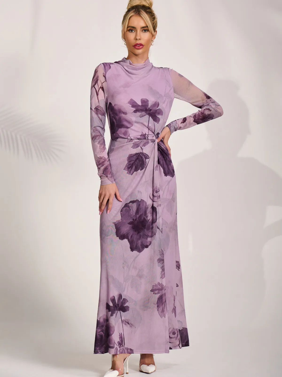 Jolie Moi Occasion Dresses|Floral Dresses-High Neck Long Sleeve Mesh Maxi Dress, Purple Floral