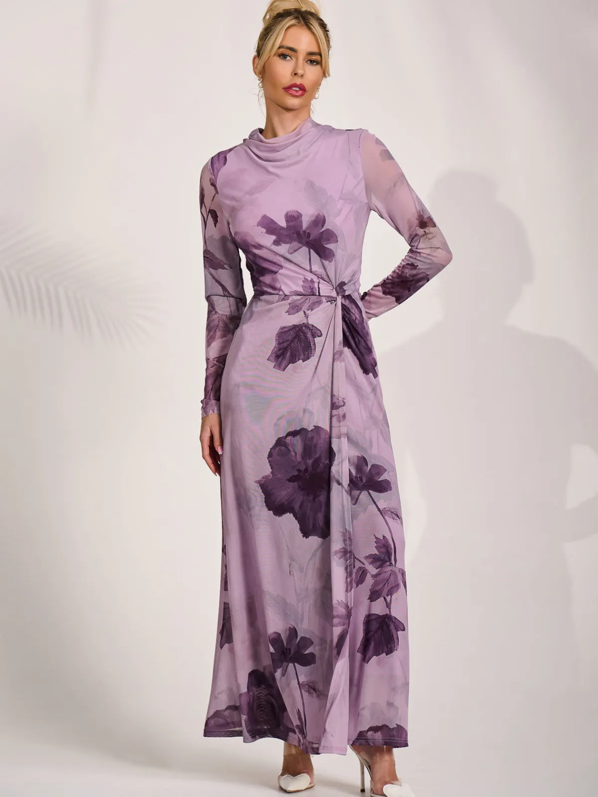 Jolie Moi Occasion Dresses|Floral Dresses-High Neck Long Sleeve Mesh Maxi Dress, Purple Floral