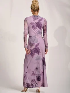 Jolie Moi Occasion Dresses|Floral Dresses-High Neck Long Sleeve Mesh Maxi Dress, Purple Floral