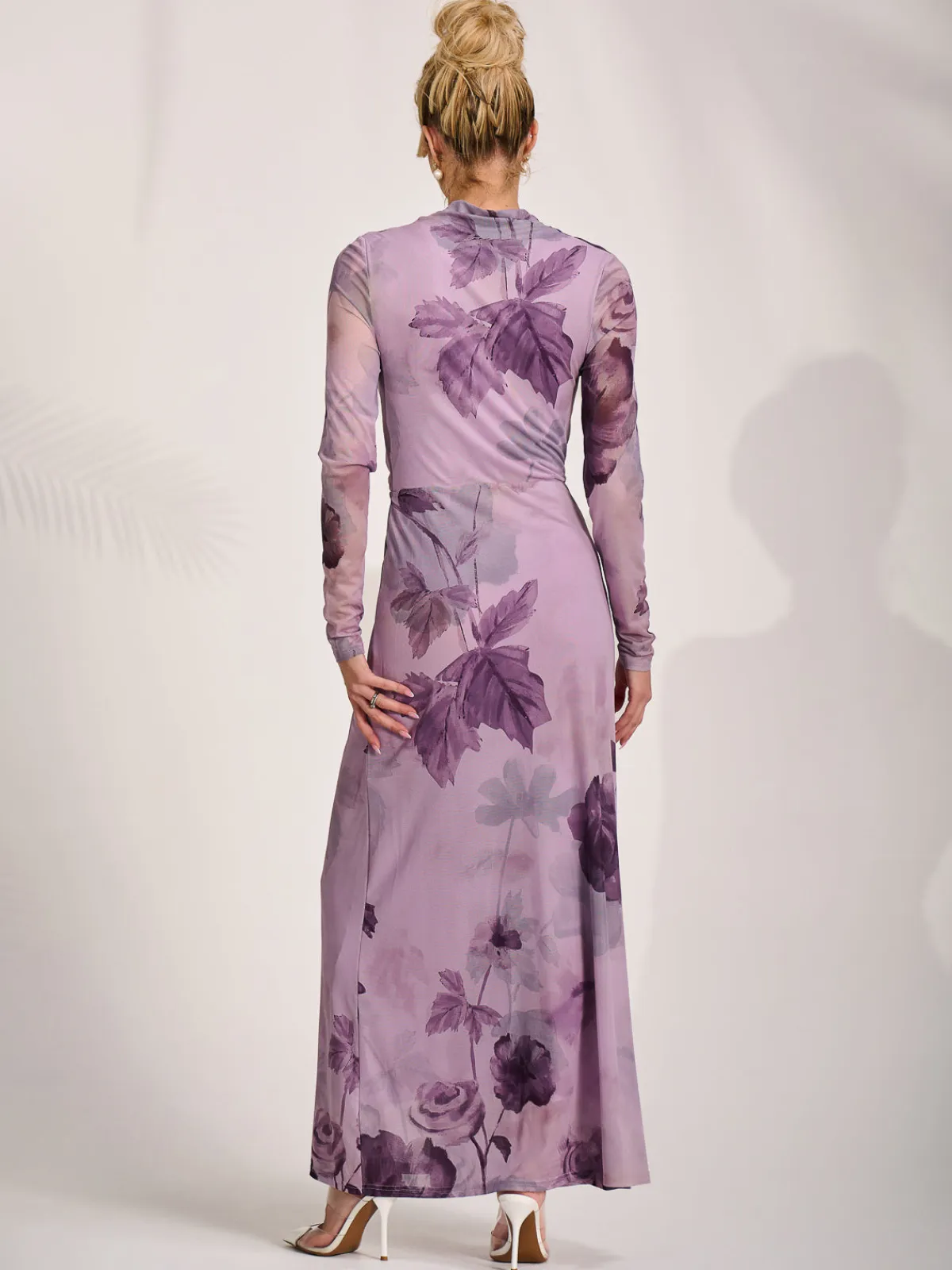 Jolie Moi Occasion Dresses|Floral Dresses-High Neck Long Sleeve Mesh Maxi Dress, Purple Floral