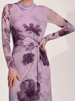 Jolie Moi Occasion Dresses|Floral Dresses-High Neck Long Sleeve Mesh Maxi Dress, Purple Floral