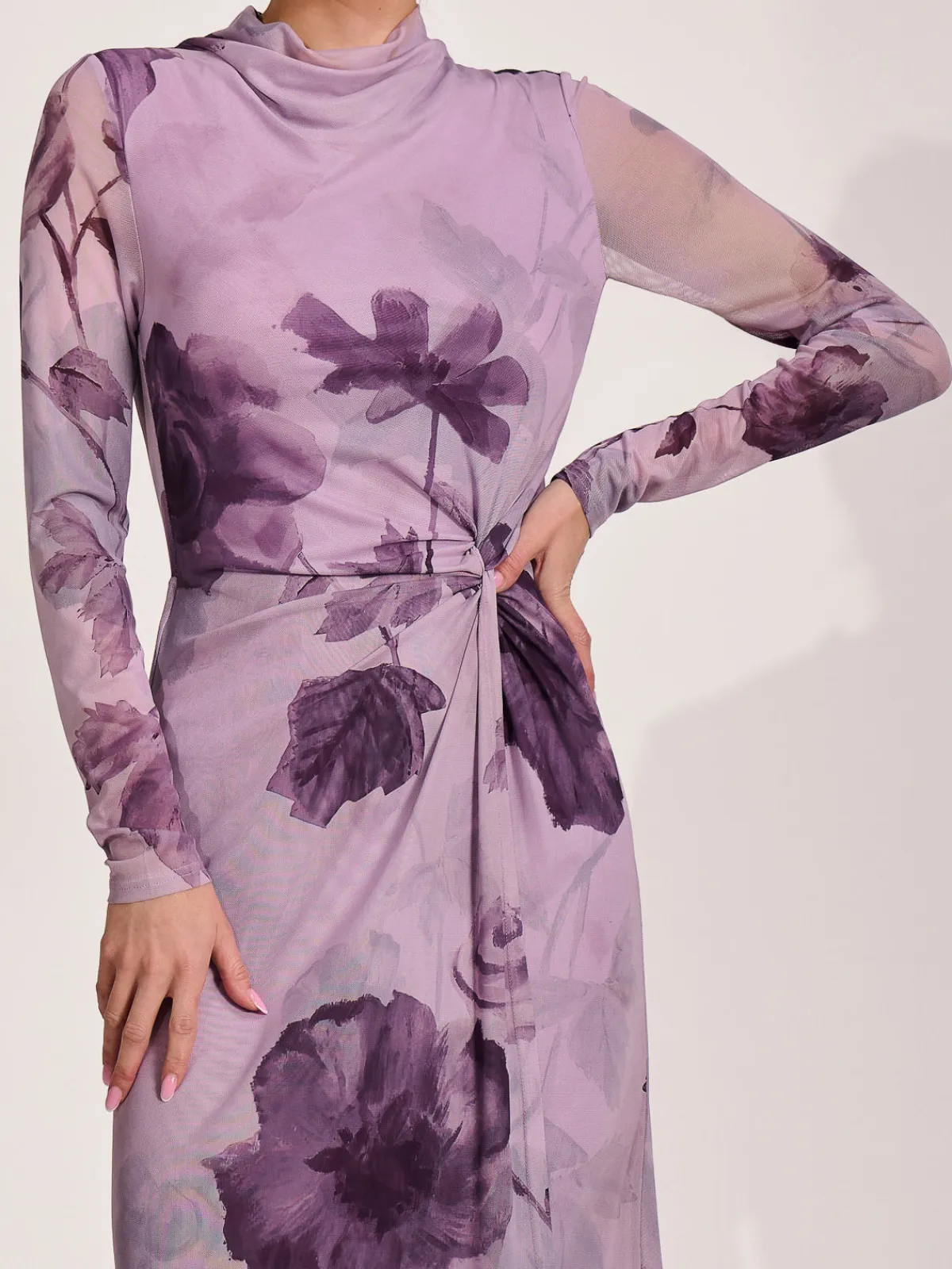 Jolie Moi Occasion Dresses|Floral Dresses-High Neck Long Sleeve Mesh Maxi Dress, Purple Floral