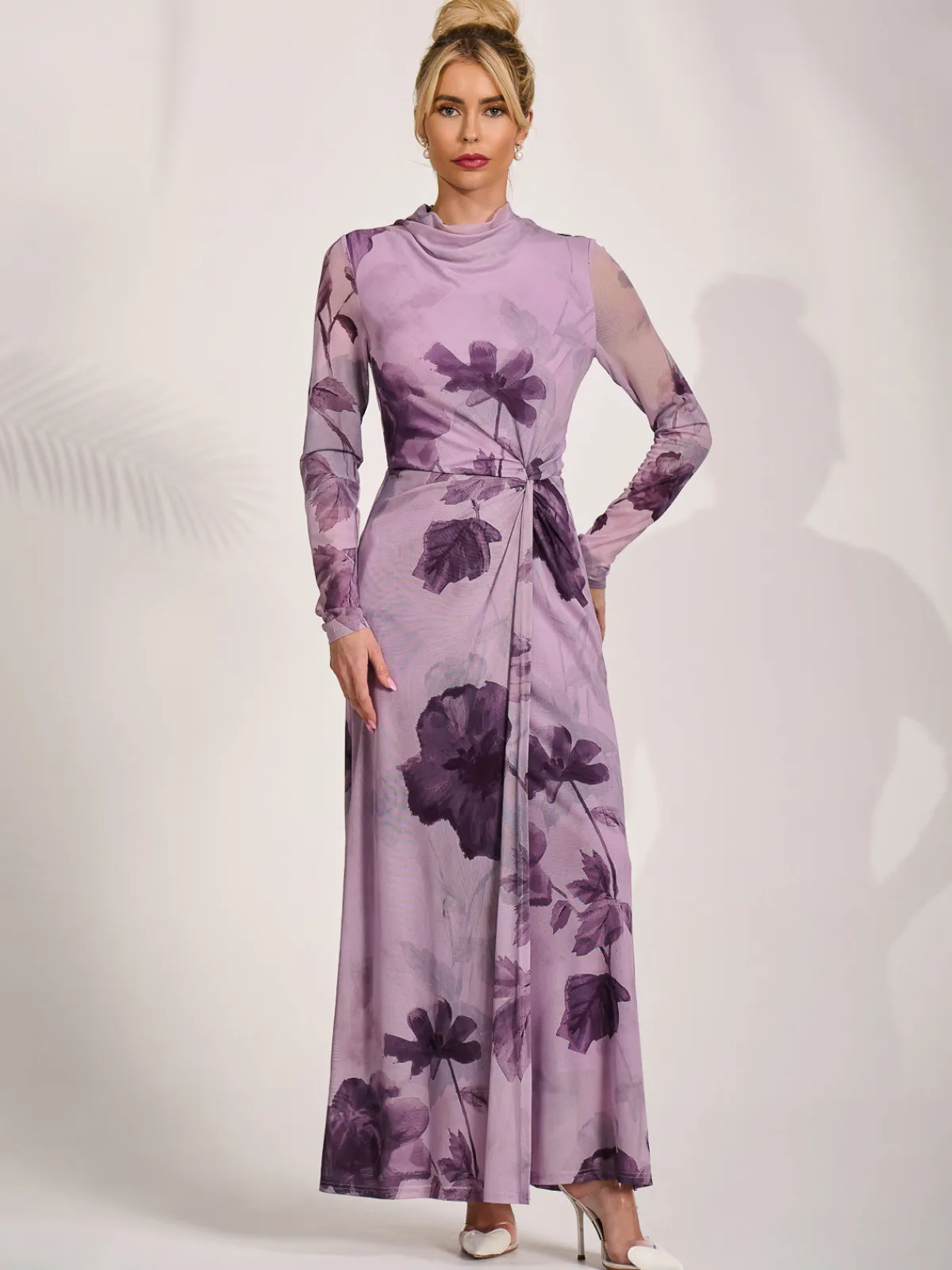 Jolie Moi Occasion Dresses|Floral Dresses-High Neck Long Sleeve Mesh Maxi Dress, Purple Floral