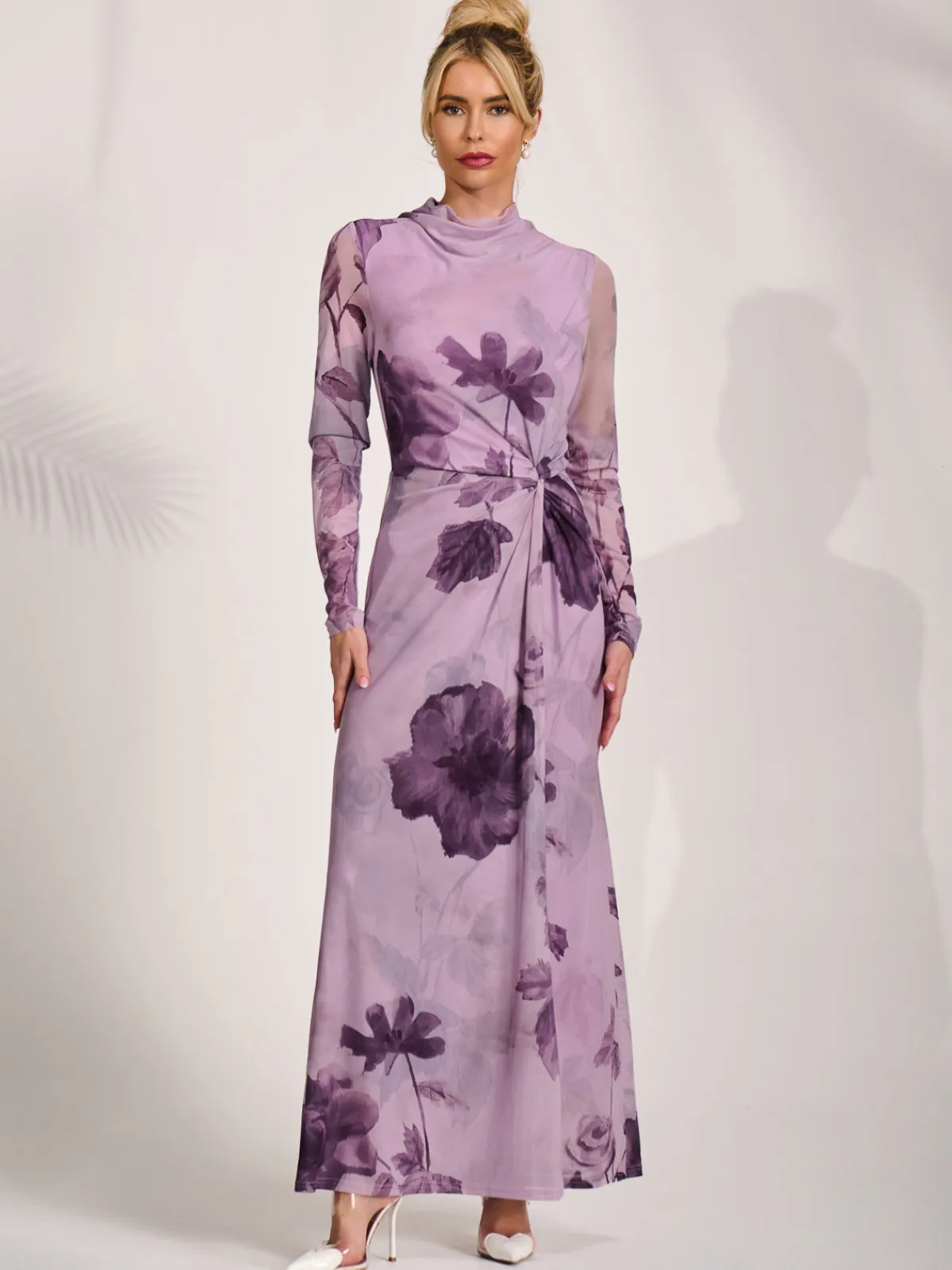 Jolie Moi Occasion Dresses|Floral Dresses-High Neck Long Sleeve Mesh Maxi Dress, Purple Floral