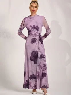 Jolie Moi Occasion Dresses|Floral Dresses-High Neck Long Sleeve Mesh Maxi Dress, Purple Floral
