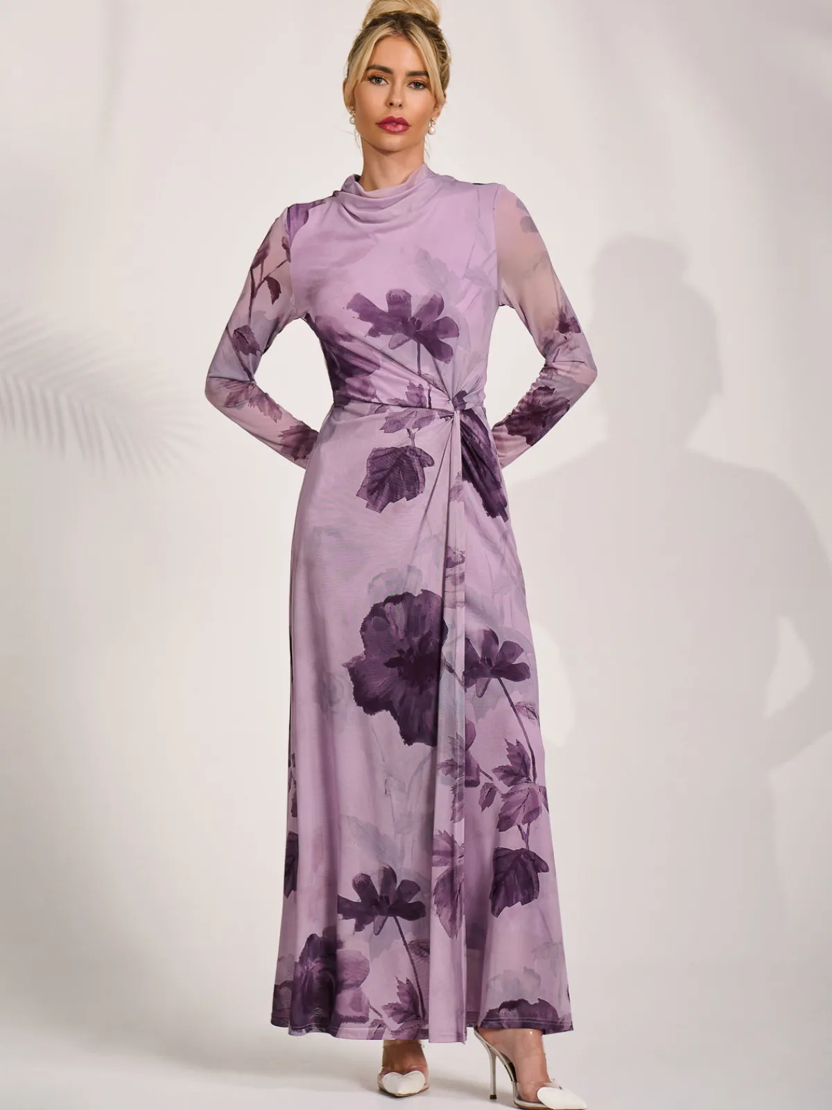 Jolie Moi Occasion Dresses|Floral Dresses-High Neck Long Sleeve Mesh Maxi Dress, Purple Floral