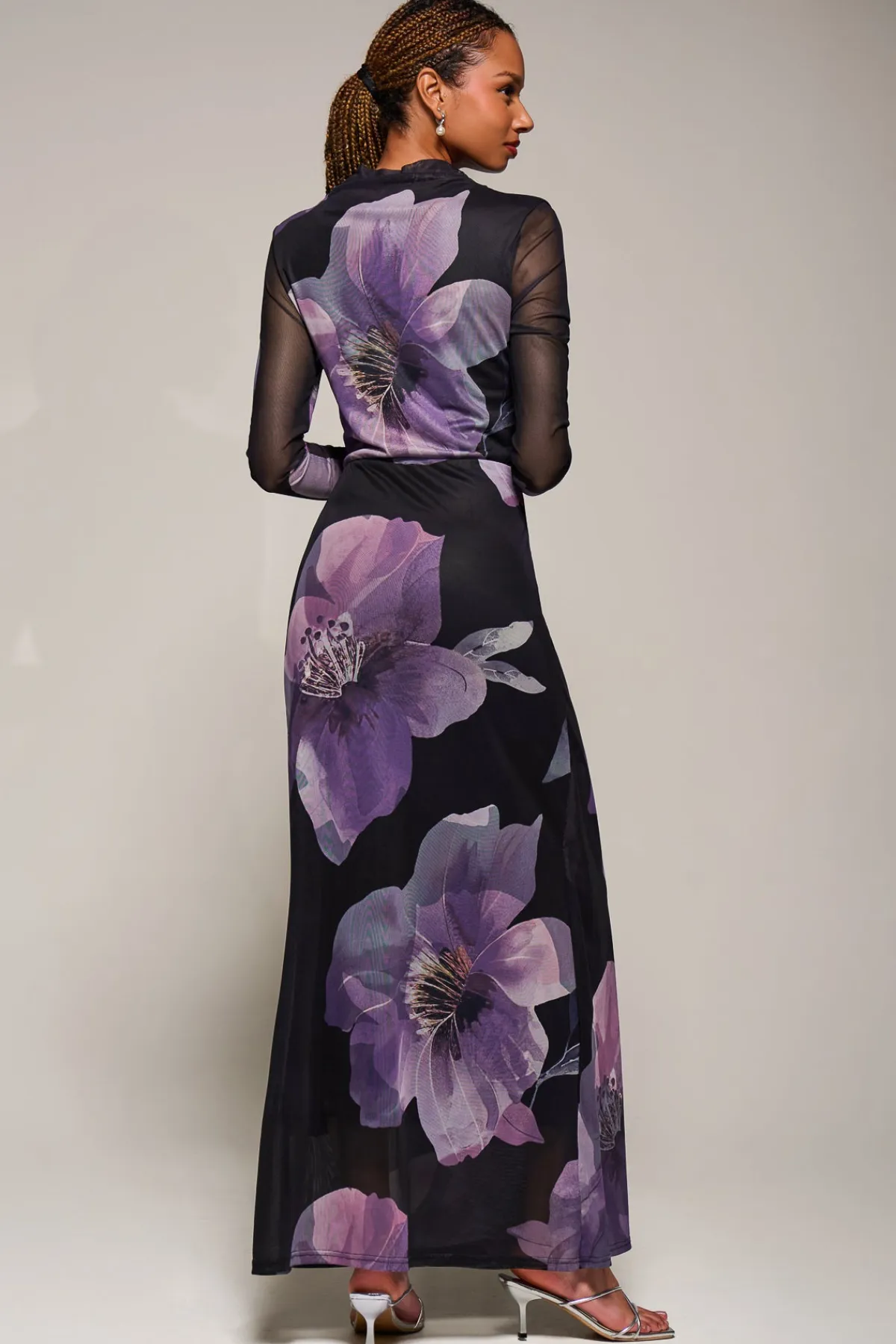 Jolie Moi Occasion Dresses|Floral Dresses-High Neck Long Sleeve Mesh Maxi Dress, Purple Floral
