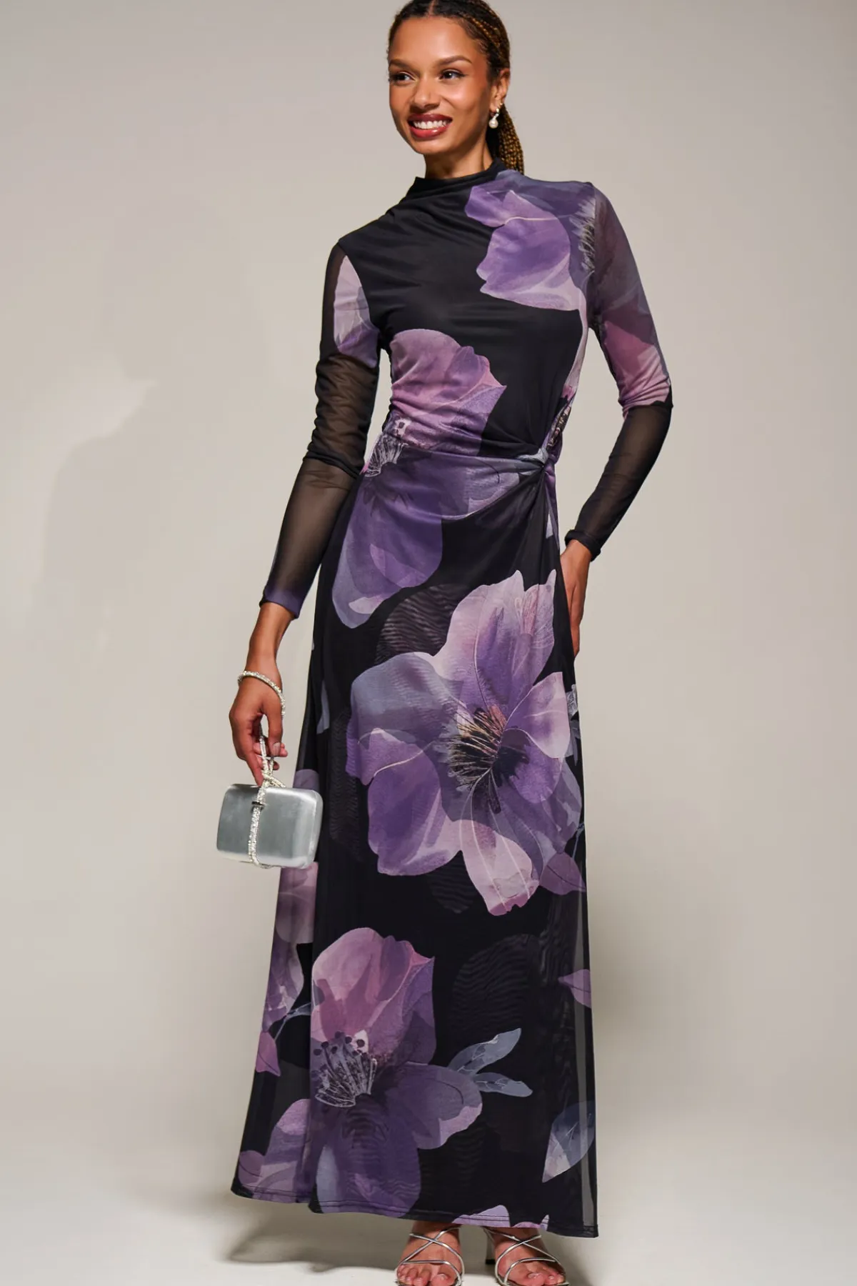 Jolie Moi Occasion Dresses|Floral Dresses-High Neck Long Sleeve Mesh Maxi Dress, Purple Floral