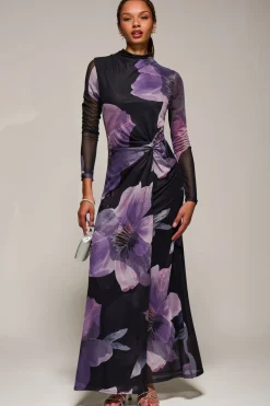 Jolie Moi Occasion Dresses|Floral Dresses-High Neck Long Sleeve Mesh Maxi Dress, Purple Floral