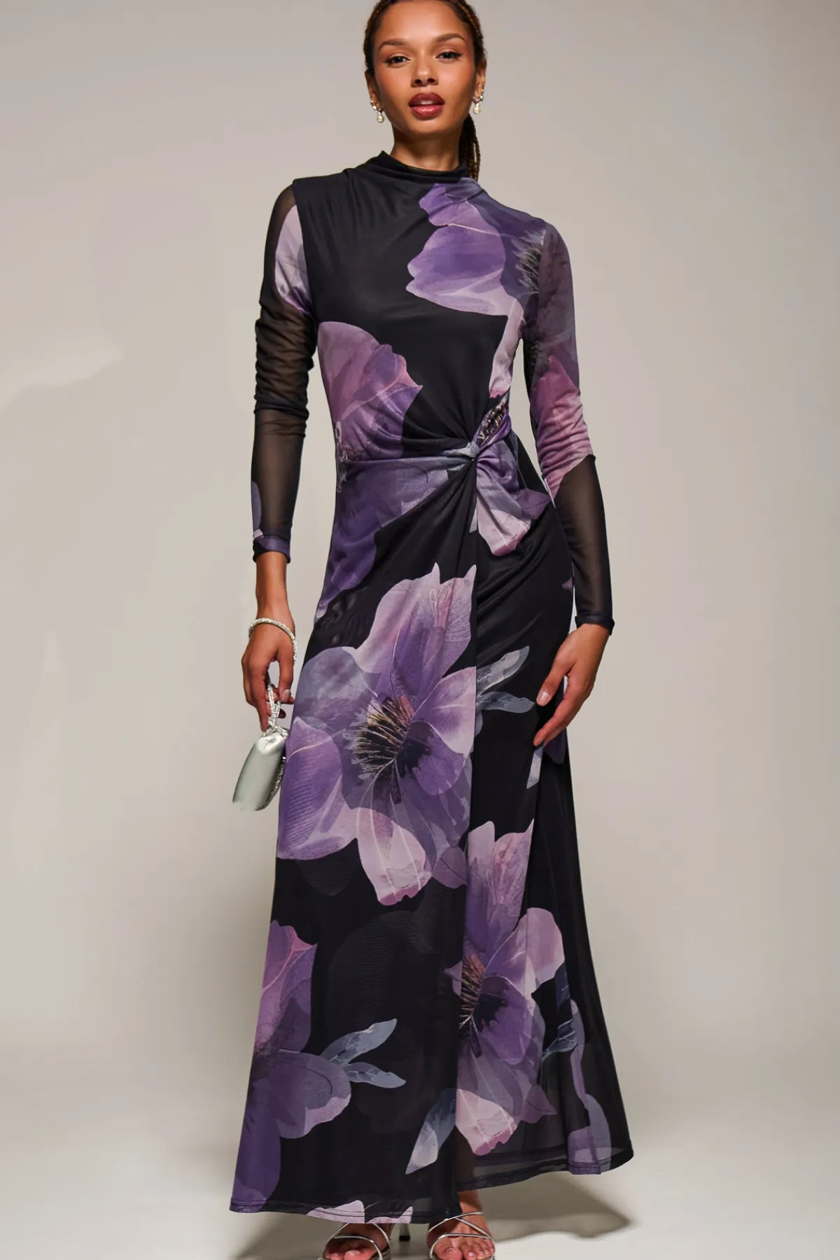 Jolie Moi Occasion Dresses|Floral Dresses-High Neck Long Sleeve Mesh Maxi Dress, Purple Floral