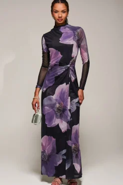 Jolie Moi Occasion Dresses|Floral Dresses-High Neck Long Sleeve Mesh Maxi Dress, Purple Floral