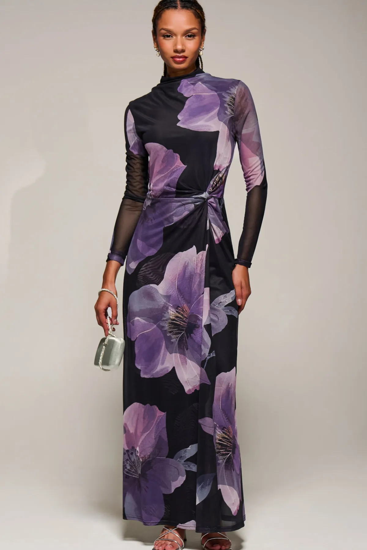 Jolie Moi Occasion Dresses|Floral Dresses-High Neck Long Sleeve Mesh Maxi Dress, Purple Floral