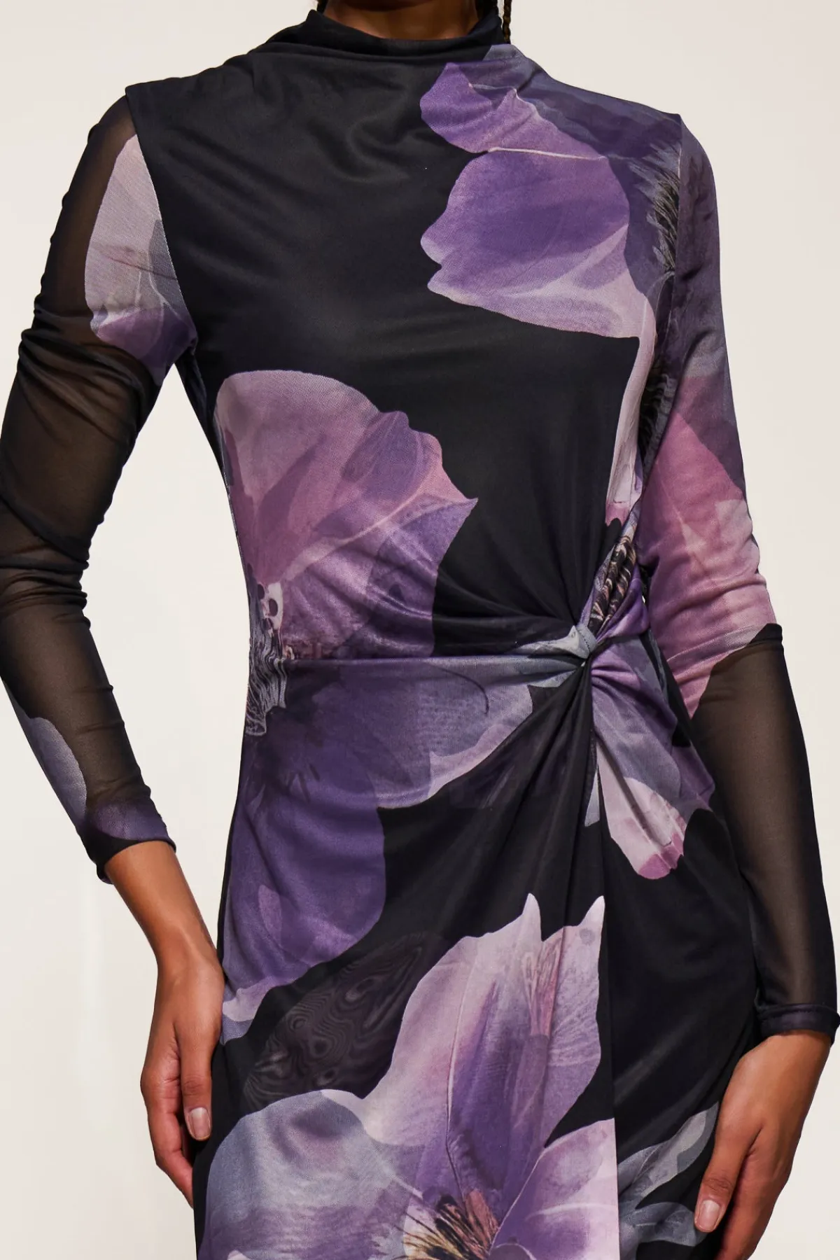 Jolie Moi Occasion Dresses|Floral Dresses-High Neck Long Sleeve Mesh Maxi Dress, Purple Floral