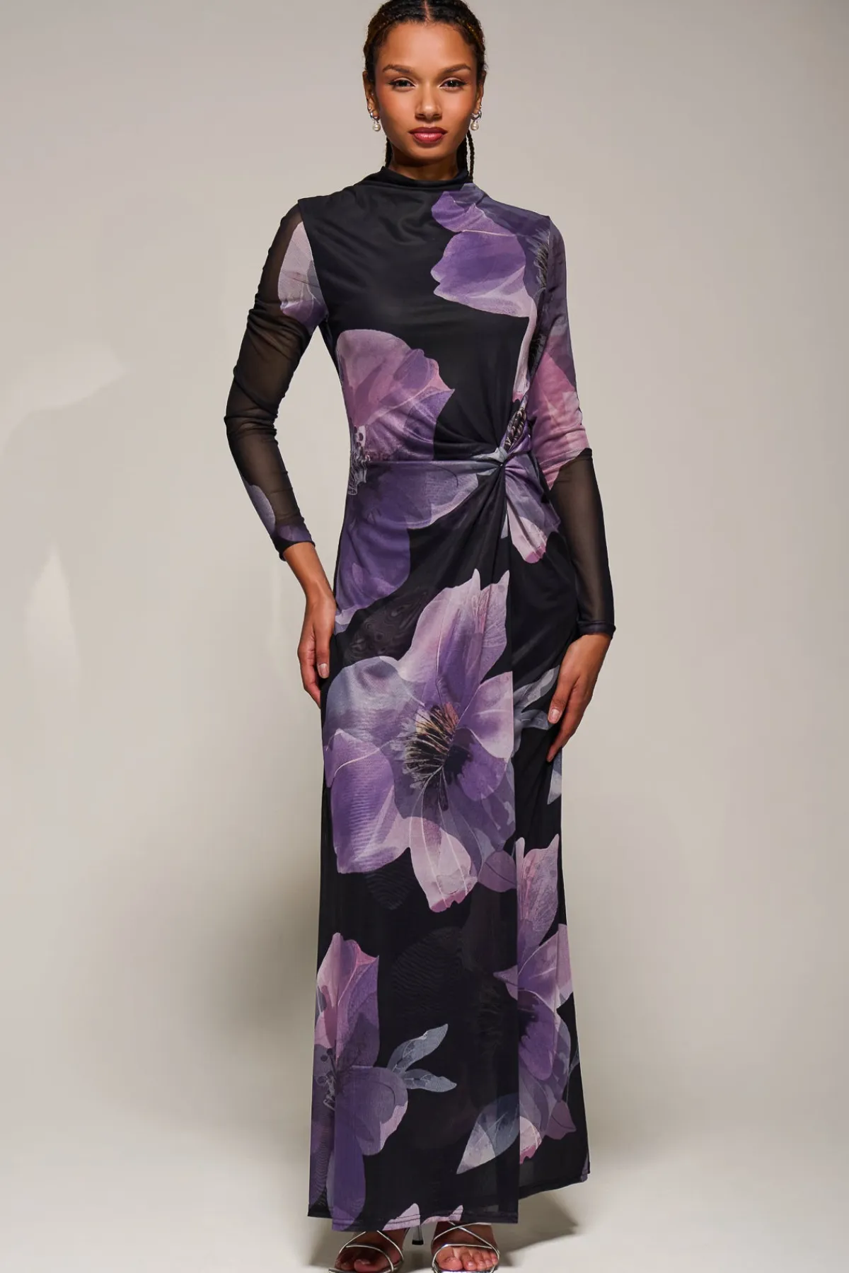 Jolie Moi Occasion Dresses|Floral Dresses-High Neck Long Sleeve Mesh Maxi Dress, Purple Floral