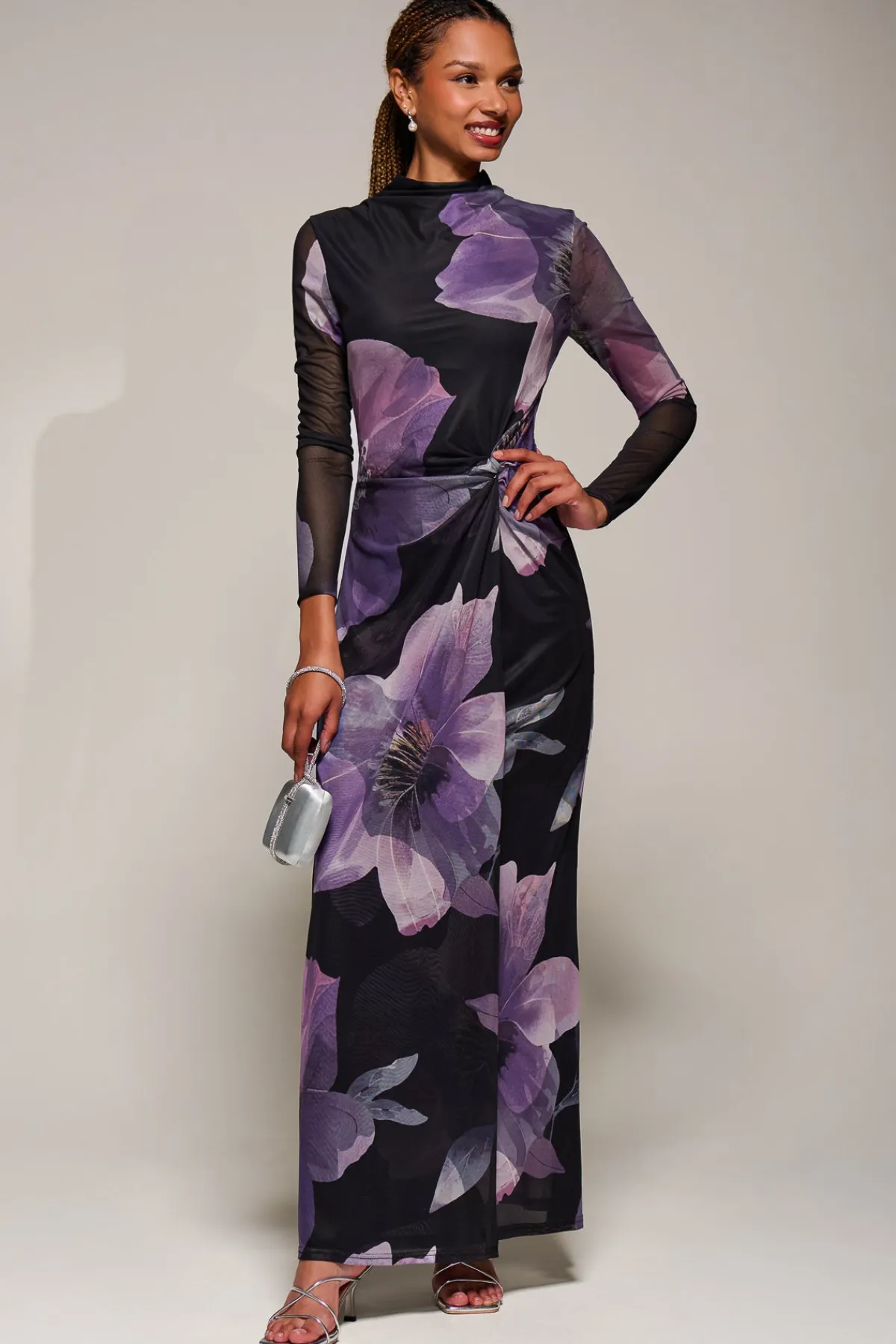 Jolie Moi Occasion Dresses|Floral Dresses-High Neck Long Sleeve Mesh Maxi Dress, Purple Floral