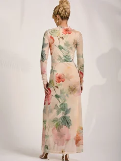 Jolie Moi Occasion Dresses|Floral Dresses-High Neck Long Sleeve Mesh Maxi Dress, Yellow Floral