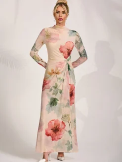 Jolie Moi Occasion Dresses|Floral Dresses-High Neck Long Sleeve Mesh Maxi Dress, Yellow Floral