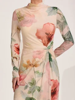 Jolie Moi Occasion Dresses|Floral Dresses-High Neck Long Sleeve Mesh Maxi Dress, Yellow Floral