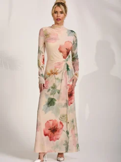Jolie Moi Occasion Dresses|Floral Dresses-High Neck Long Sleeve Mesh Maxi Dress, Yellow Floral