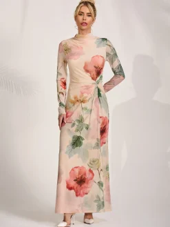 Jolie Moi Occasion Dresses|Floral Dresses-High Neck Long Sleeve Mesh Maxi Dress, Yellow Floral