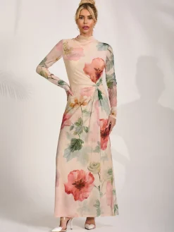 Jolie Moi Occasion Dresses|Floral Dresses-High Neck Long Sleeve Mesh Maxi Dress, Yellow Floral