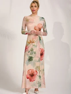 Jolie Moi Occasion Dresses|Floral Dresses-High Neck Long Sleeve Mesh Maxi Dress, Yellow Floral