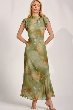 Jolie Moi Occasion Dresses|Maxi Dresses-High Neck Ruffle Sleeve Chiffon Maxi Dress, Green Floral