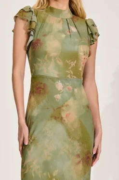 Jolie Moi Occasion Dresses|Maxi Dresses-High Neck Ruffle Sleeve Chiffon Maxi Dress, Green Floral