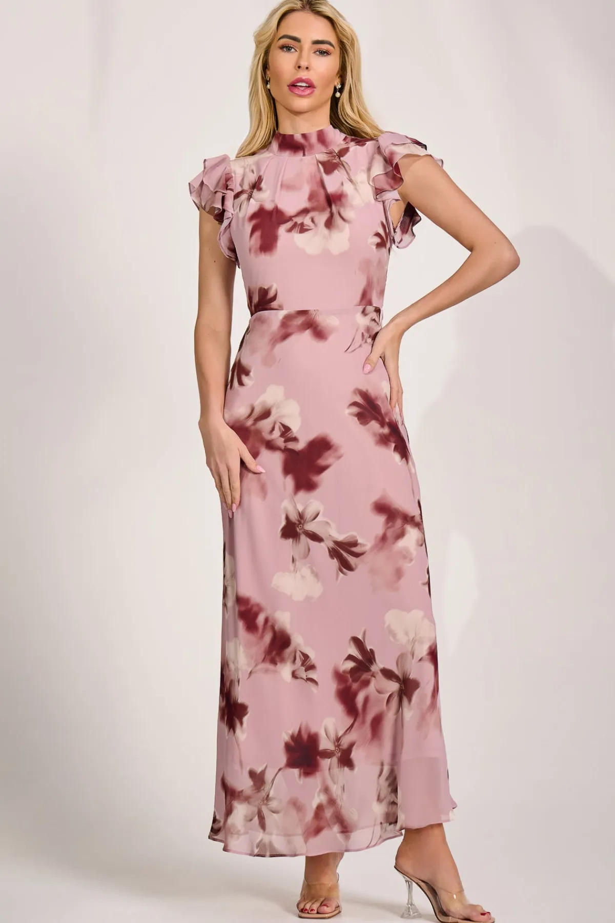 Jolie Moi Occasion Dresses|Maxi Dresses-High Neck Ruffle Sleeve Chiffon Maxi Dress, Pink Floral