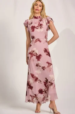 Jolie Moi Occasion Dresses|Maxi Dresses-High Neck Ruffle Sleeve Chiffon Maxi Dress, Pink Floral