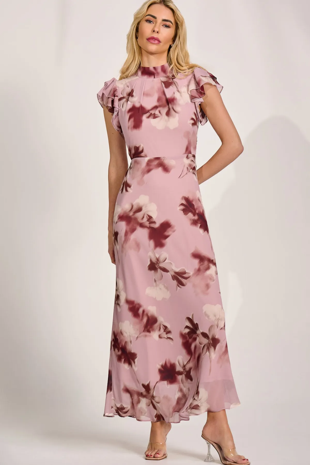 Jolie Moi Occasion Dresses|Maxi Dresses-High Neck Ruffle Sleeve Chiffon Maxi Dress, Pink Floral