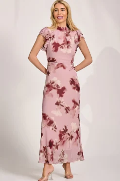 Jolie Moi Occasion Dresses|Maxi Dresses-High Neck Ruffle Sleeve Chiffon Maxi Dress, Pink Floral