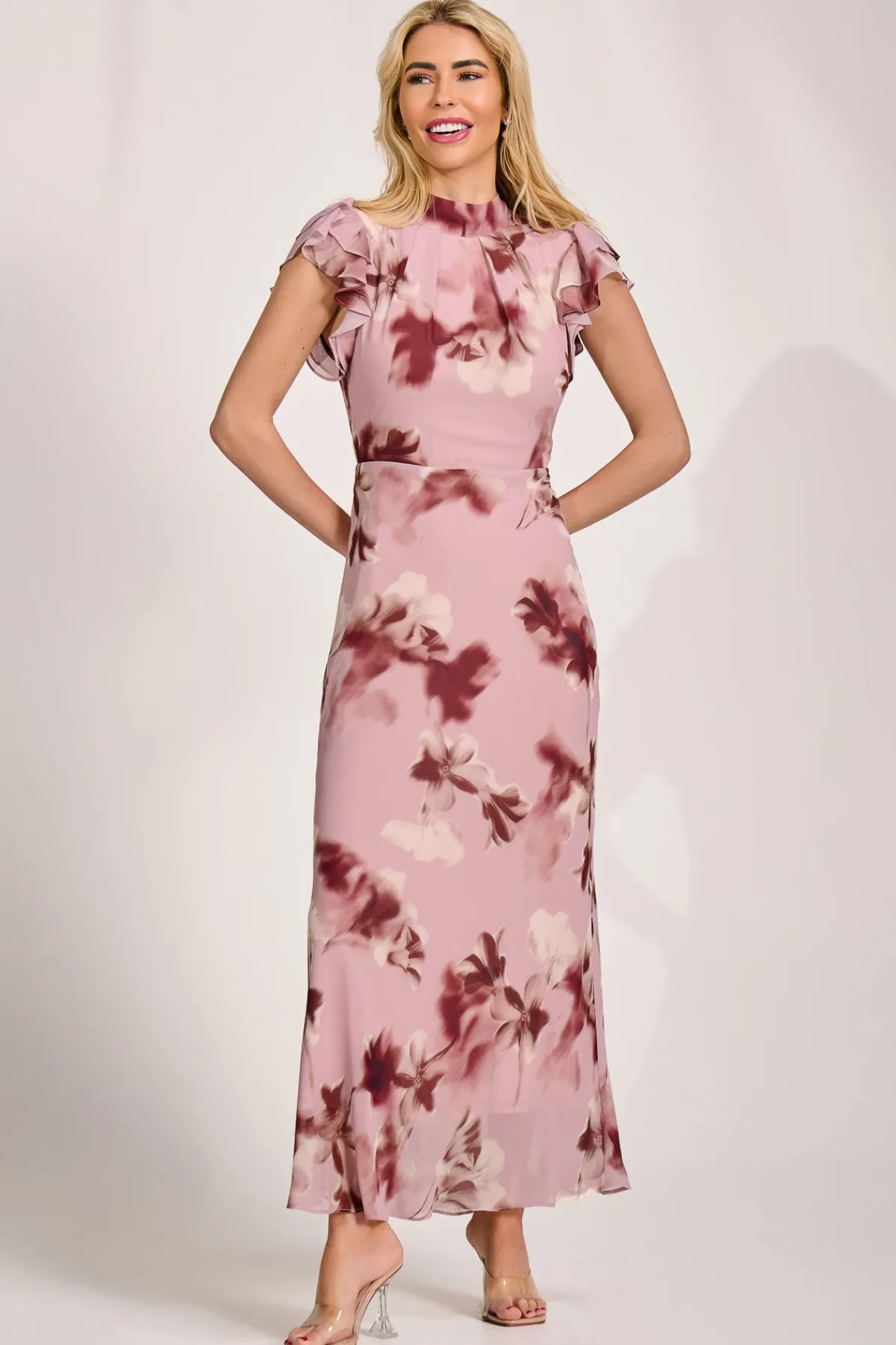 Jolie Moi Occasion Dresses|Maxi Dresses-High Neck Ruffle Sleeve Chiffon Maxi Dress, Pink Floral
