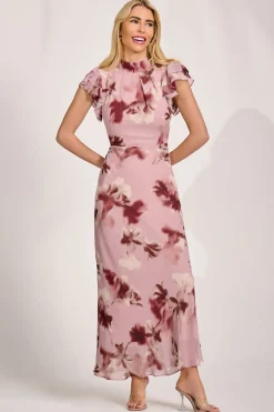 Jolie Moi Occasion Dresses|Maxi Dresses-High Neck Ruffle Sleeve Chiffon Maxi Dress, Pink Floral