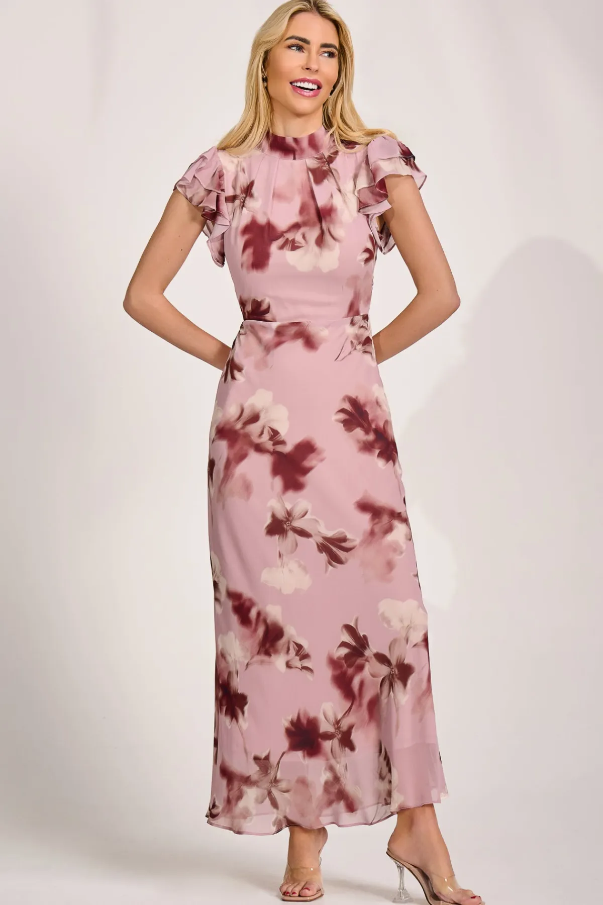 Jolie Moi Occasion Dresses|Maxi Dresses-High Neck Ruffle Sleeve Chiffon Maxi Dress, Pink Floral