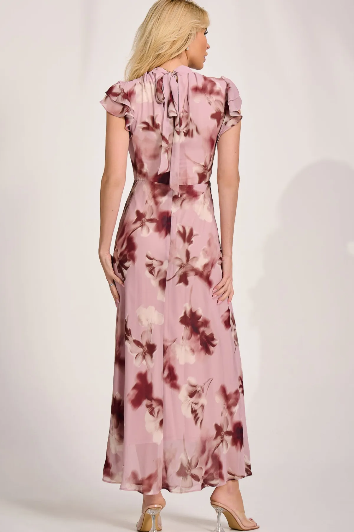Jolie Moi Occasion Dresses|Maxi Dresses-High Neck Ruffle Sleeve Chiffon Maxi Dress, Pink Floral
