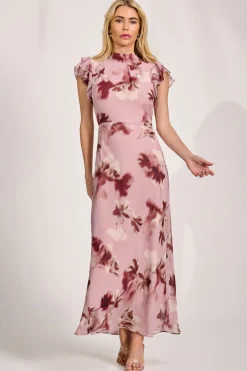 Jolie Moi Occasion Dresses|Maxi Dresses-High Neck Ruffle Sleeve Chiffon Maxi Dress, Pink Floral
