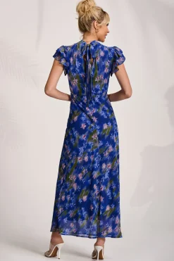 Jolie Moi Occasion Dresses|Maxi Dresses-High Neck Ruffle Sleeve Chiffon Maxi Dress, Royal Floral