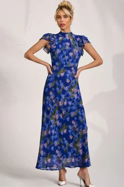 Jolie Moi Occasion Dresses|Maxi Dresses-High Neck Ruffle Sleeve Chiffon Maxi Dress, Royal Floral