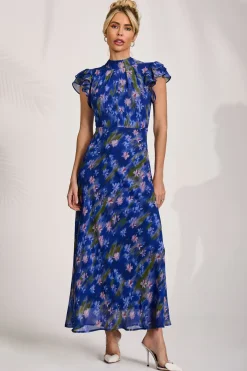 Jolie Moi Occasion Dresses|Maxi Dresses-High Neck Ruffle Sleeve Chiffon Maxi Dress, Royal Floral