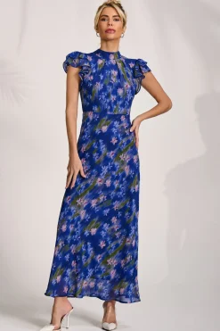 Jolie Moi Occasion Dresses|Maxi Dresses-High Neck Ruffle Sleeve Chiffon Maxi Dress, Royal Floral