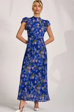 Jolie Moi Occasion Dresses|Maxi Dresses-High Neck Ruffle Sleeve Chiffon Maxi Dress, Royal Floral