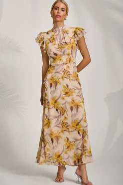 Jolie Moi Occasion Dresses|Maxi Dresses-High Neck Ruffle Sleeve Chiffon Maxi Dress, Yellow Floral