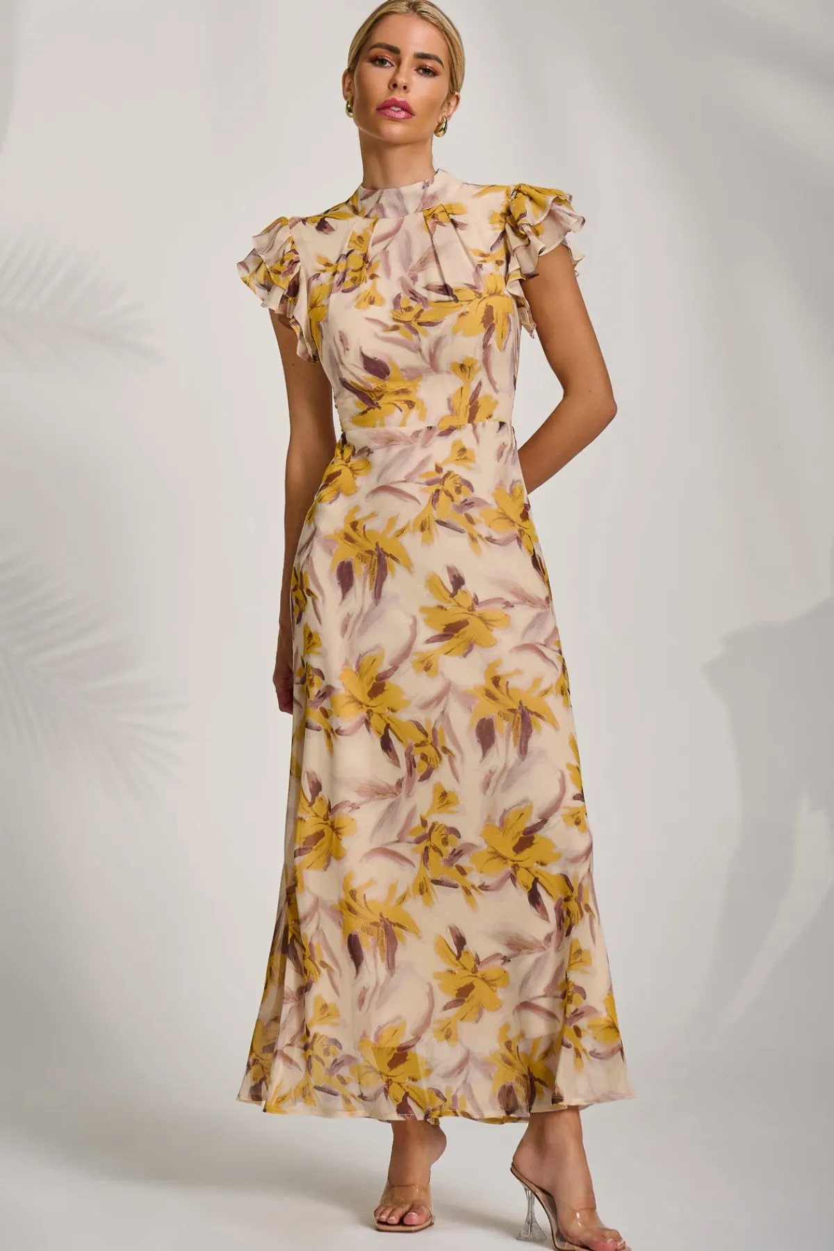 Jolie Moi Occasion Dresses|Maxi Dresses-High Neck Ruffle Sleeve Chiffon Maxi Dress, Yellow Floral