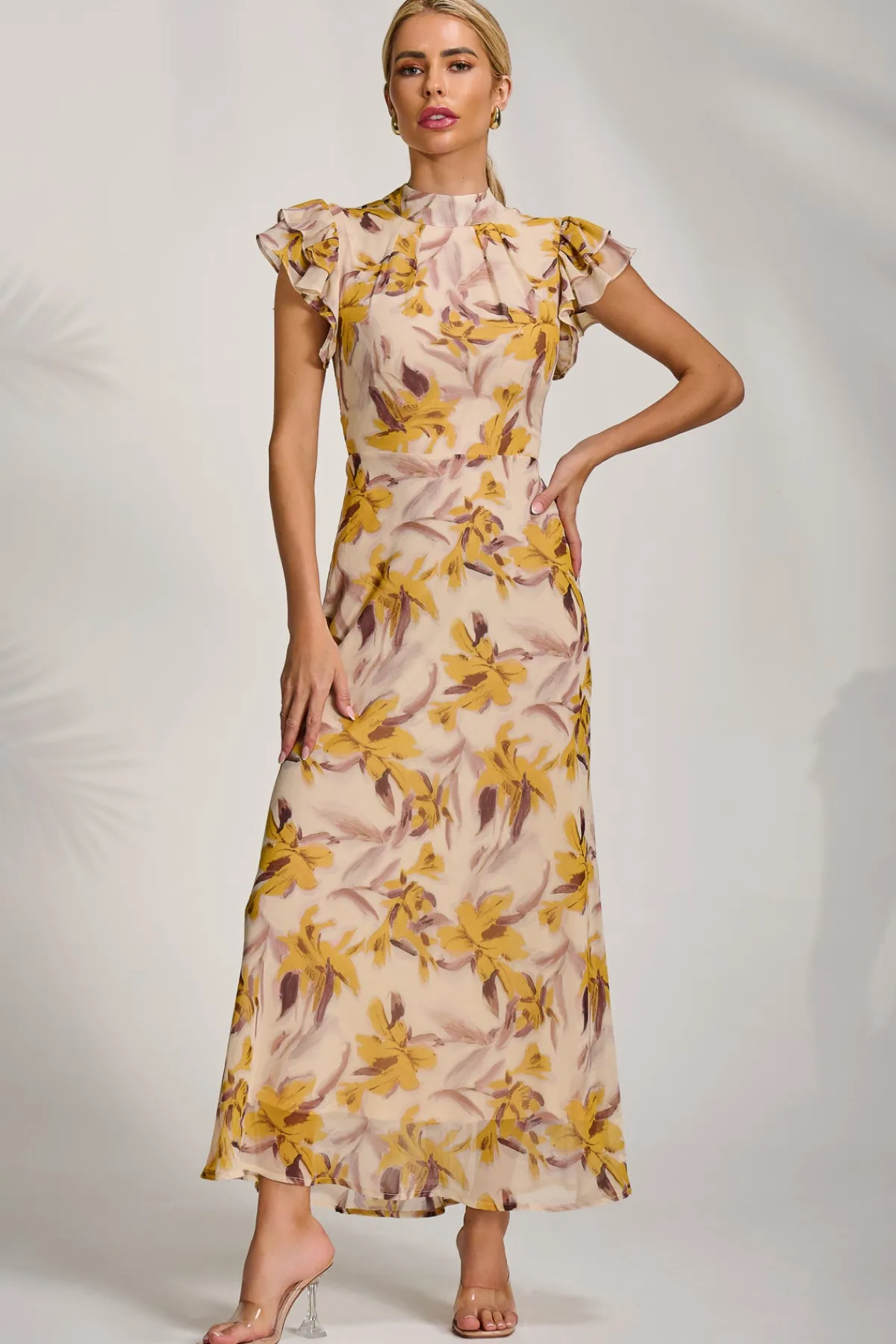 Jolie Moi Occasion Dresses|Maxi Dresses-High Neck Ruffle Sleeve Chiffon Maxi Dress, Yellow Floral